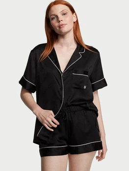 Піжама Сатинова (сорочка + шорти) Victoria's Secret Satin Short Pajama Set S Чорна (26665964)