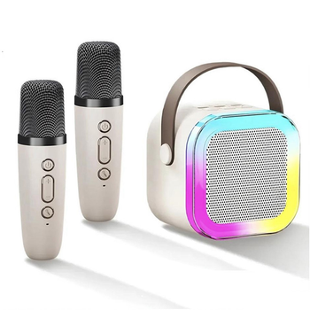Дитячий набір для караоке портативна Bluetooth колонка с 2 мікрофонами і RBG підсвіткою (K12), Айворі