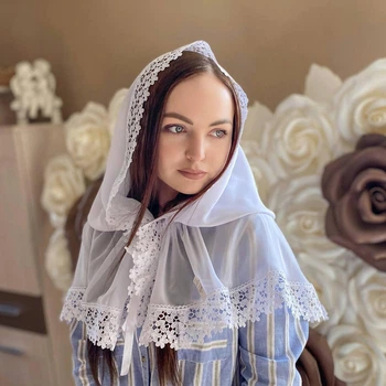 Палантин для женщин в церковь женский кружевной шифоновый платок для храма на крестины маме, обряда венчания Ажурные цветы 80*120 см Betis белый
