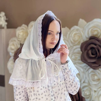 Женский палантин для посещения храма, церкви, монастыря, обряда крещения, венчания кружевной шифоновый платок на голову Дева Мария 80*120 см Betis молочный