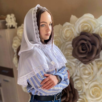 Женский палантин для посещения храма, церкви, монастыря, обряда крещения, венчания кружевной шифоновый платок на голову в церковь Оберег 80*120 см Betis белый