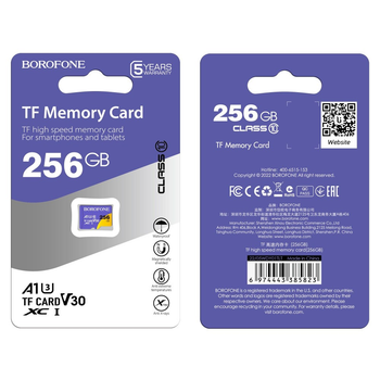 Карта памяти Borofone MicroSDXC 256GB класса 10, фиолетового цвета, без адаптера.