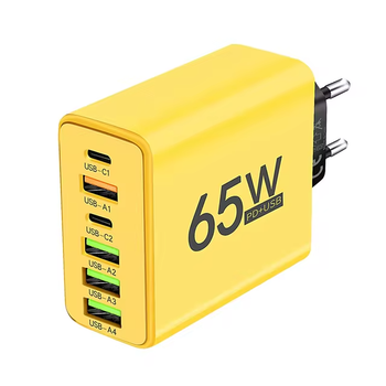 Сетевое зарядное устройство, блок питания 65 Вт, 4шт. USB + 2шт. Type-C, адаптер для зарядки, желтый