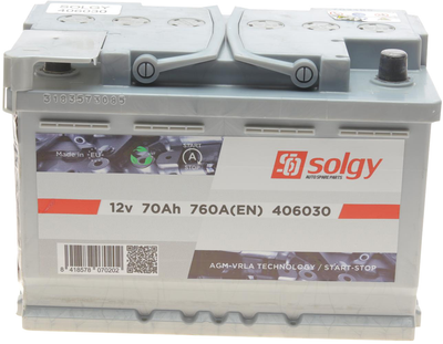 Аккумуляторная батарея Solgy Start-Stop AGM 70 А/час 760 A R+ B13 278 x 175 x 190 мм (406030)