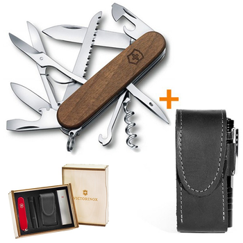 Комплект Ніж Victorinox Huntsman Wood 1.3711.63B1 + Чохол із ліхтариком Police