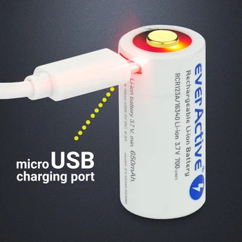 Аккумулятор 16340/CR123 Li-Ion everActive EV16340-6537M, 3.7V, 650mAh, microUSB, 1A, Blister