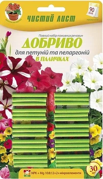 Добриво в паличках Чистий лист для петуній, сурфіній та пеларгоній 30 шт Kvitofor