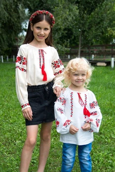 Вишиванка для дівчинки Mevis 5036-01 червона вишивка льон білий 134