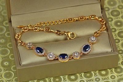 Браслет Xuping Jewelry малинки с синими камнями с кругами 17,5 см 7 мм золотистый