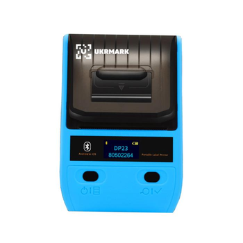 Портативный принтер чеков, этикеток, QR и штрих-кодов UKRMARK DP23BL, Bluetooth/USB, синий, термопечать, для рулонов: 15 - 58 мм.