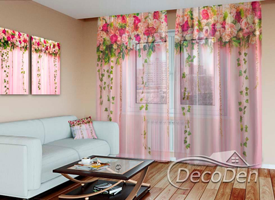 3D - Фото Тюль PHOTODECOR "Ламбрекени з квітів з листям"