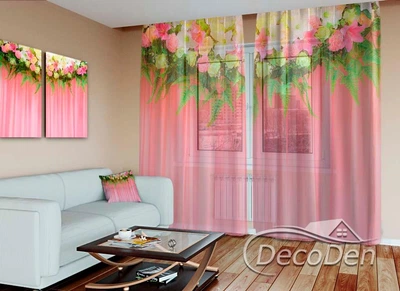 3D - Фото Тюль PHOTODECOR "Рожеві ламбрекени з папоротею"