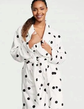 Халат Victoria's Secret флисовый белый горох плюшевый Short Cozy Robe XS/S