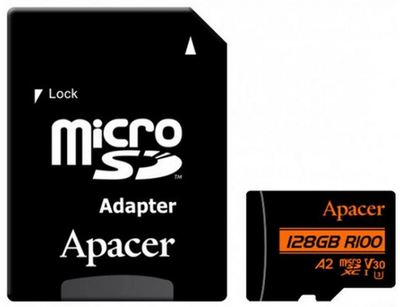 Карта памяти microSDXC 128 GB - APACER V30 A2 R100 + adapter (AP128GMCSX10U8-R)