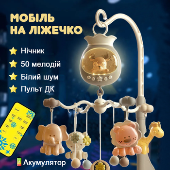Мобиль детский на кроватку аккумуляторный с проектором, музыкальная карусель Jungle Melody, бежевый