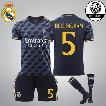 Комплект футбольна форма дитяча Lion SPORT Real Madrid BELLINGHAM (Реал Мадрид Белінгем) з гетрами (розмір 34-38), розмір 26 розмір, ріст 140-145 см, чорний з помаранчевим