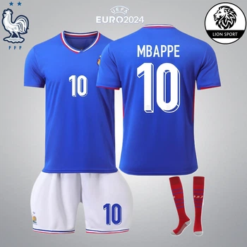 Комплект футбольна форма дитяча Lion SPORT Mbappe (Мбапе) 10 з гетрами (розмір 34-38) Збірна Франції, сезон 24/25, 24 розмір, ріст 130-140 см, синя з білим