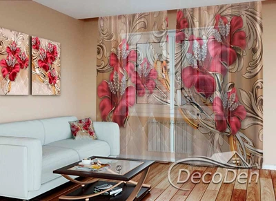 3D - Фото Тюль PHOTODECOR "3D червоні квіти та стрази" 1 кв.м