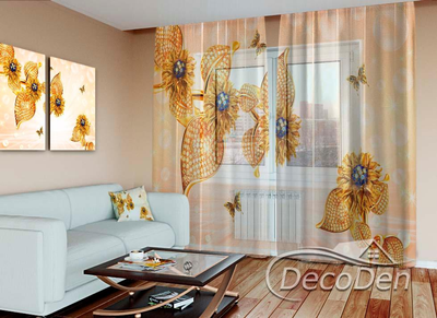 3D - Фото Тюль PHOTODECOR "Золоті рози та кулі"