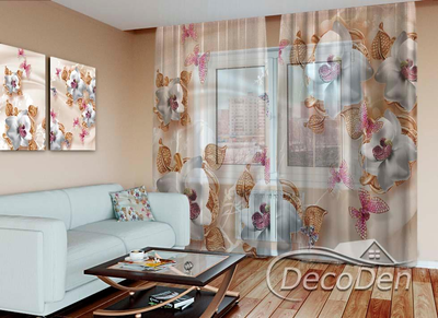 3D - Фото Тюль PHOTODECOR "3D Білі квіти та золоті листочки"