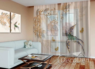 3D - Фото Тюль PHOTODECOR "Брошка зі стразами та птиця" 1 кв.м