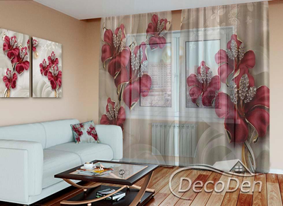 3D - Фото Тюль PHOTODECOR "3D червоні Квіти зі стразами"