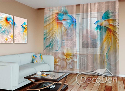 3D - Фото Тюль PHOTODECOR "Рибки та квіти"