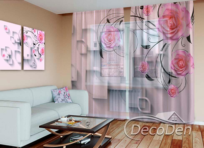 3D - Фото Тюль PHOTODECOR "Рожеві троянди та віньєтки"