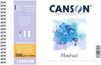 Альбом для акварели на спирали Canson Montval 13.5x21 см 300г/м2 12 листов натуральный белый среднее зерно (3148958071561)