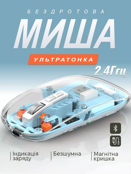 Беспроводная мышка компьютерная игровая мышь для компьютера пк ноутбука макбука телефона FMOUSE M133 прозрачная бесшумная с аккумулятором type c зарядкой подсветкой на аккумуляторе (голубая)