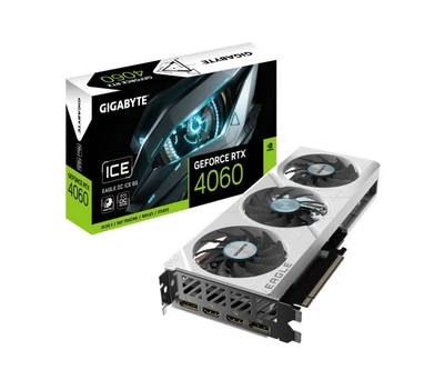 Відеокарта GeForce RTX 4060, Gigabyte, EAGLE OC ICE (White Edition), 8Gb GDDR6, 128-bit, 2xHDMI/2xDP, 2505/17000 MHz, 8-pin (GV-N4060EAGLEOC ICE-8GD)