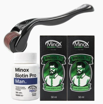 Базовий комплекс для росту бороди Minox Grow Bro (Лосьйон 2х50 мл, Мезоролер, Вітаміни 100 таблеток)