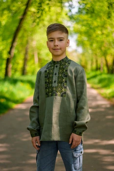 Детская вышиванка Vyshyvanka 158 Перунів цвіт Оливкова 4441