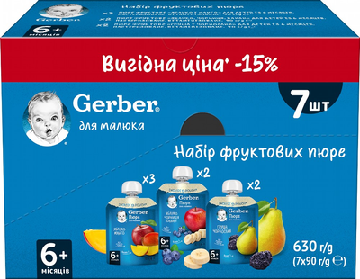 Набор фруктовых пюре Gerber для детей с 6 месяцев 90 г х 7 шт (8445291467804)