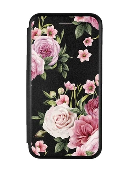 Чохол-книжка чорний з малюнком на Samsung Galaxy A07 (A075) Рожеві квіти (принт 287)