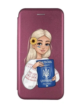 Чехол-книжка бордовый с рисунком на Samsung Galaxy A57 Девушка с паспортом (принт 13)