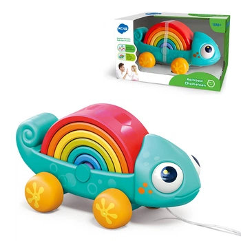 Игрушка каталочка 28см хамелеон HOLA пирамидка-конструктор, на шнурке, HA795700