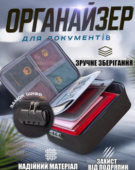 Органайзер для документів із кодовим замком, дорожній місткий портативний кейс із водонепроникного оксфорду для паперу формату А4 карт флешок для дому офісу подорожей