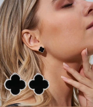 Серьги Fashion Jewelry черный клевер английский замок серебристый цвет (SVS)
