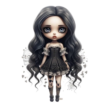 Ростовая наклейка "Хэллоуин. Spooky doll. брюнетка девочка с черепом" 80 см - без контурной обрезки