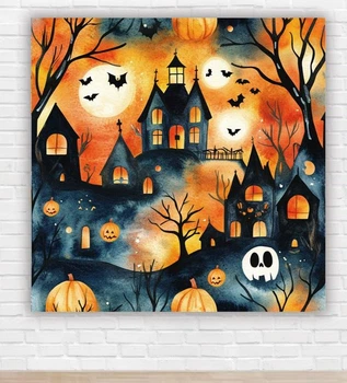 Паперовий плакат на Хелловін / Halloween "Будинок, гарбузи" 150х150см