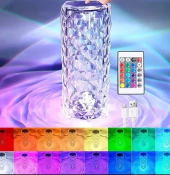 Настільна акумуляторна лампа з пультом 22см нічник Троянда з пультом RGB Crystal Rose.