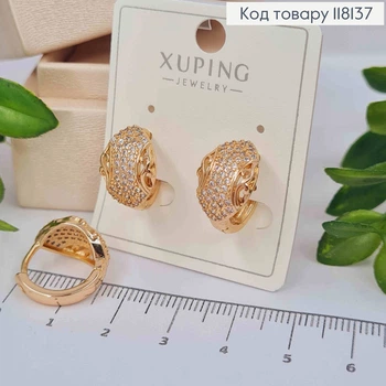 Серьги кольца "Ажурный Лепесток" украшены Блестящими камешками, 1,6см, золотистая бижутерия Xuping 18K
