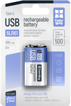 Акумулятор 6LR61 390mAh ColorWay USB-С 9В (Li-Polymer) (CW-UB9V-06)