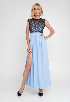 Длинное вечернее платье с кружевом на и разрезом на ноге Подіум 28005-LIGHTBLUE_BLACK S Голубой