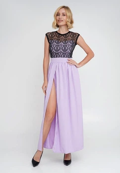 Довга вечірня сукня з мереживом на та розрізом на нозі Подіум 28005-VIOLET_BLACK S Фіолетовий