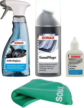 Набор Средство против запотевания стекла Sonax Anti Beschlag 500 мл + Салфетка Sonax Microfibre Cloth Plus + Средство для разморозки дверных замков Sonax Schloss Enteiser 50 мл + Средство по уходу за резиновыми уплотнителями SONAX Gummipfleger 100 мл