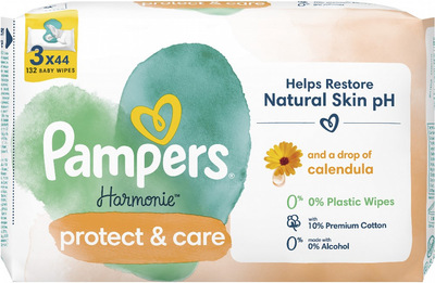 Zestaw chusteczek nawilżanych dla niemowląt Pampers Harmonie Protect&Care z nagietkiem 3 x 44 szt (8700216250672)