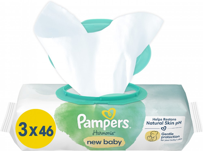 Упаковка дитячих вологих серветок Pampers Harmonie New Baby 3 х 46 шт (8700216201025)