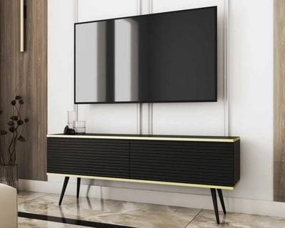 Тумба под телевизор Оро/Oro 2-дверная с черными ножками RTV135 MDF Черный Ш135xВ53 см. Perfect Home